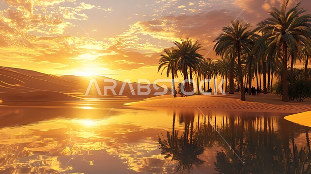 انعكاس صورة أشجار النخيل والغيوم على المياه الصافية, منظر الغروب على إحدى الواحات في المملكة العربية السعودية, الطبيعة الجبلية والمناطق الصحراوية, أماكن ووجهات طبيعية للسياح والزوار, خلفية السماء الملبدة بالسحب البيضاء