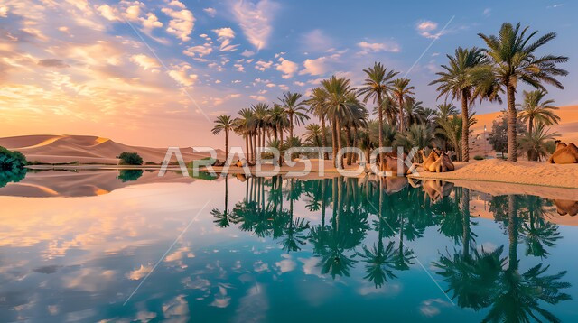 منظر الغروب على إحدى الواحات في المملكة العربية السعودية, الطبيعة الجبلية والمناطق الصحراوية, انعكاس صورة أشجار النخيل والغيوم على المياه الصافية, أماكن ووجهات طبيعية للسياح والزوار, خلفية السماء الملبدة بالسحب البيضاء