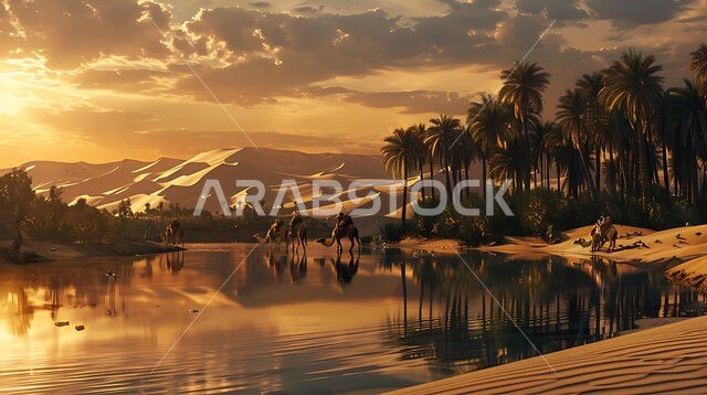 منظر الغروب على إحدى الواحات في المملكة العربية السعودية, الطبيعة الجبلية والمناطق الصحراوية, انعكاس صورة أشجار النخيل والغيوم على المياه الصافية, أماكن ووجهات طبيعية للسياح والزوار, خلفية السماء الملبدة بالسحب البيضاء