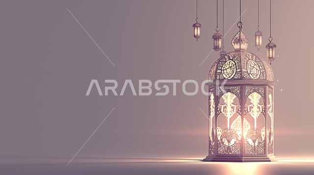 Illuminated traditional Arabic lanterns, preparing to welcome the holy month, the spiritual atmosphere on the blessed days, the lights of celebrations of Islamic religious occasions and holidays, worship and getting closer to God Almighty. Decorative illuminated metal lanterns.