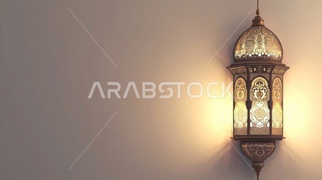 فوانيس عربية تقليدية  مضيئة, الاستعداد لاستقبال الشهر الفضيل, الأجواء الروحانية في الأيام المباركة, أنوار الاحتفالات بالمناسبات والأعياد الدينية الإسلامية, العبادة والتقرب من الله تعالى. فوانيس معدنيةمزخرفة مضيئة.