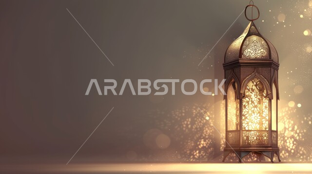 تحضير التجهيزات لقدوم الشهر المبارك, أضواء و مصابيح عربية تقليدية معدنية مضيئة, الاستعداد لاستقبال الشهر الفضيل, الأجواء الروحانية في الأيام المباركة, أنوار الاحتفالات بالمناسبات والأعياد الدينية الإسلامية, العبادة والتقرب من الله تعالى. فوانيس معدنيةمزخرفة مضيئة.