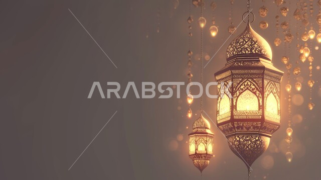 Hanging lanterns, traditional Arabic lamps, decorations, and lights for celebrating Islamic religious occasions and holidays, preparing to welcome the holy month, joy at the advent of the blessed Ramadan, the spiritual atmosphere in the holy days, the month of worship and getting closer to God Almighty.