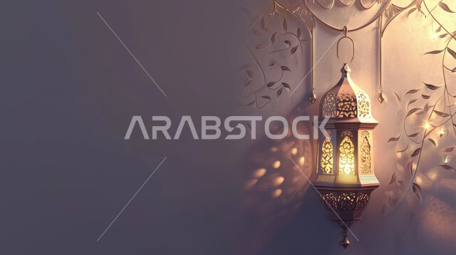 Hanging lanterns, traditional Arabic lamps, decorations, and lights for celebrating Islamic religious occasions and holidays, preparing to welcome the holy month, joy at the advent of the blessed Ramadan, the spiritual atmosphere in the holy days, the month of worship and getting closer to God Almighty.