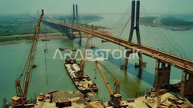  استخدام الرافعات والآليات والمعدات الثقيلة في البناء، الربط بين أحياء المدينة والمناطق البعيدة وتقليل المسافات، الأعمال الإنشائية وتطوير المدن في المملكة العربية السعودية، جسر كبير فوق البحر قيد التشييد، شبكات الطرق والمرور، التقدم الحضاري والعمراني