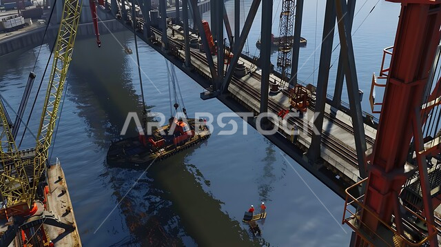  الربط بين أحياء المدينة والمناطق البعيدة وتقليل المسافات، الأعمال الإنشائية وتطوير المدن في المملكة العربية السعودية، جسر كبير فوق البحر قيد التشييد، شبكات الطرق والمرور، استخدام الرافعات والآليات والمعدات الثقيلة في البناء، التقدم الحضاري والعمراني