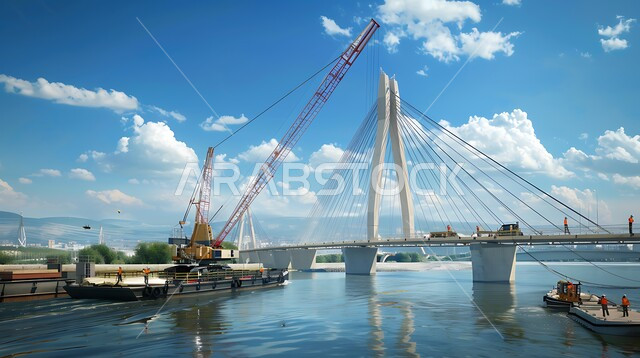 الأعمال الإنشائية وتطوير المدن في المملكة العربية السعودية، جسر كبير فوق البحر قيد التشييد، شبكات الطرق والمرور، الربط بين أحياء المدينة والمناطق البعيدة وتقليل المسافات، استخدام الرافعات والآليات والمعدات الثقيلة في البناء، التقدم الحضاري والعمراني 