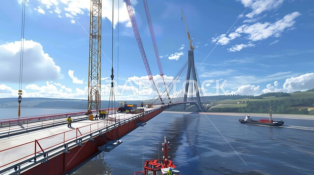 الأعمال الإنشائية وتطوير المدن في المملكة العربية السعودية، جسر كبير فوق البحر قيد التشييد، شبكات الطرق والمرور، الربط بين أحياء المدينة والمناطق البعيدة وتقليل المسافات، استخدام الرافعات والآليات والمعدات الثقيلة في البناء، التقدم الحضاري والعمراني 