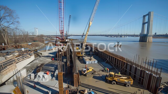 الأعمال الإنشائية وتطوير المدن في المملكة العربية السعودية، جسر كبير فوق البحر قيد التشييد، شبكات الطرق والمرور، الربط بين أحياء المدينة والمناطق البعيدة وتقليل المسافات، استخدام الرافعات والآليات والمعدات الثقيلة في البناء، التقدم الحضاري والعمراني 