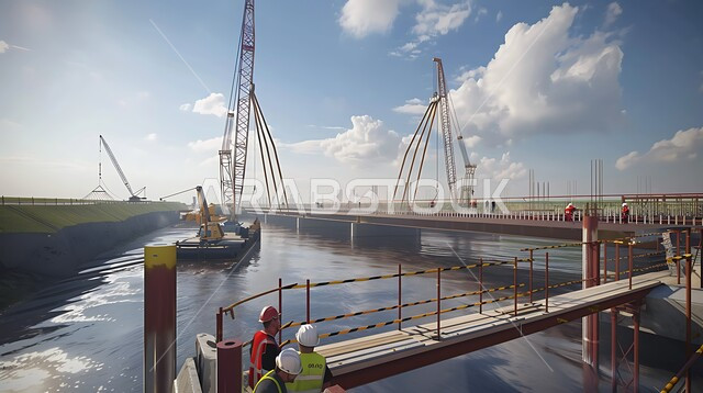 الأعمال الإنشائية وتطوير المدن في المملكة العربية السعودية، جسر كبير فوق البحر قيد التشييد، شبكات الطرق والمرور، الربط بين أحياء المدينة والمناطق البعيدة وتقليل المسافات، استخدام الرافعات والآليات والمعدات الثقيلة في البناء، التقدم الحضاري والعمراني 