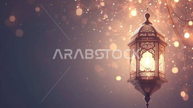 Decorative illuminated metal lantern, spiritual atmosphere in holy days, decorations and lights for celebrations of Islamic religious occasions and holidays, joy at the arrival of the blessed month of Ramadan, traditional Arabic lights and lamps, preparation for welcoming the holy month