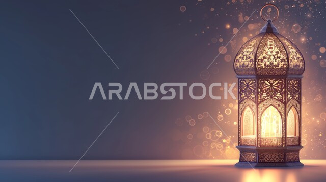 Decorative illuminated metal lantern, spiritual atmosphere in holy days, decorations and lights for celebrations of Islamic religious occasions and holidays, joy at the arrival of the blessed month of Ramadan, traditional Arabic lights and lamps, preparation for welcoming the holy month