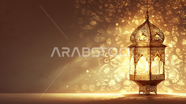 Decorative illuminated metal lantern, spiritual atmosphere in holy days, decorations and lights for celebrations of Islamic religious occasions and holidays, joy at the arrival of the blessed month of Ramadan, traditional Arabic lights and lamps, preparation for welcoming the holy month