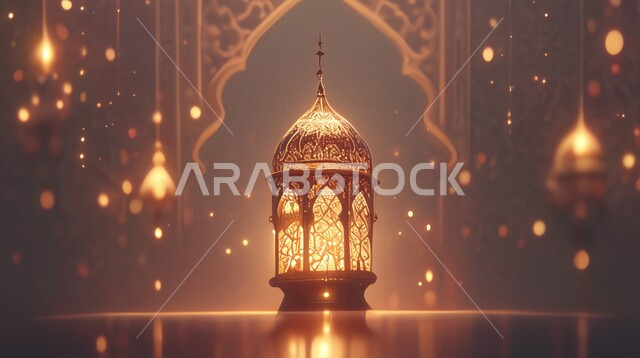 Decorative illuminated metal lantern, spiritual atmosphere in holy days, decorations and lights for celebrations of Islamic religious occasions and holidays, joy at the arrival of the blessed month of Ramadan, traditional Arabic lights and lamps, preparation for welcoming the holy month
