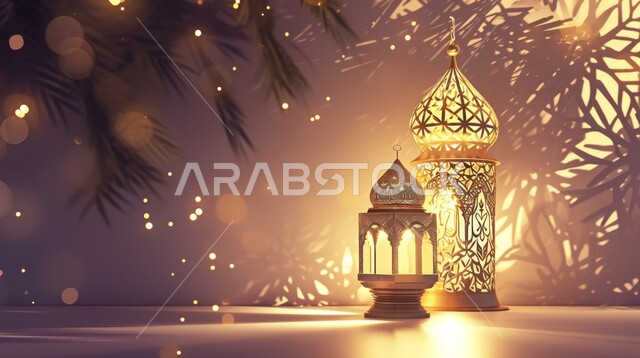 الاستعداد لاستقبال الشهر الفضيل, الأجواء الروحانية في الأيام الفضيلة, زينة و ديكورات و أنوار الاحتفالات بالمناسبات و الأعياد الدينية الإسلامية, مجموعه من الفوانيس المعدنية المزخرفة المضيئة, البهجة بقدوم رمضان المبارك, أضواء و مصابيح عربية تقليدية