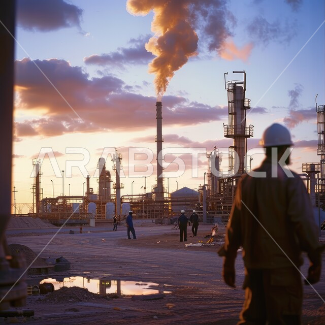 Pollution from petroleum production, petrochemical industries and projects, steel pipelines and cables, oil and gas refinery in industrial area, factories and plants in Saudi Arabia, large and huge warehouses, industrial engineering and equipment