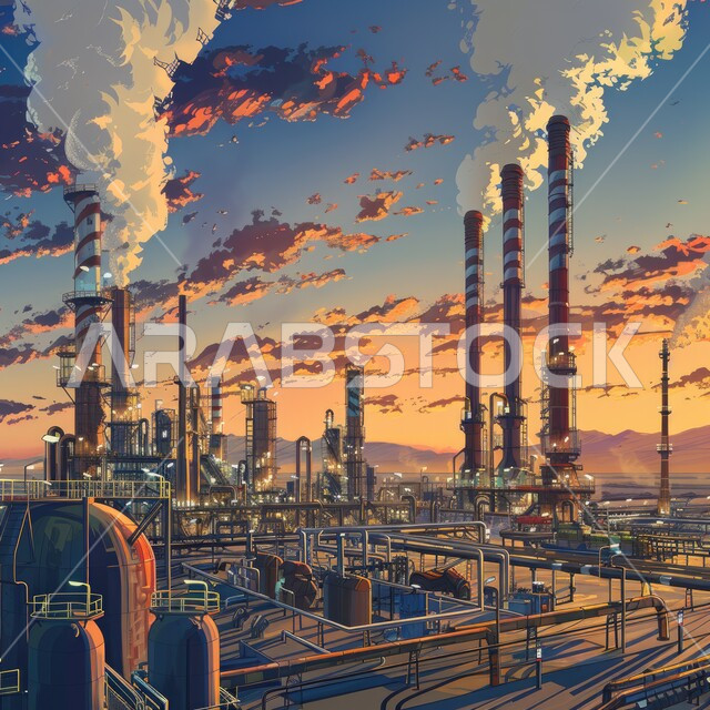 Pollution from petroleum production, petrochemical industries and projects, steel pipelines and cables, oil and gas refinery in industrial area, factories and plants in Saudi Arabia, large and huge warehouses, industrial engineering and equipment