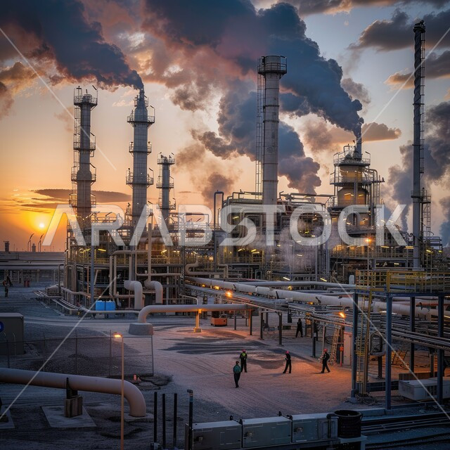Pollution from petroleum production, petrochemical industries and projects, steel pipelines and cables, oil and gas refinery in industrial area, factories and plants in Saudi Arabia, large and huge warehouses, industrial engineering and equipment