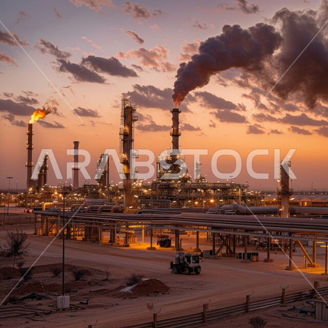 Pollution from petroleum production, petrochemical industries and projects, steel pipelines and cables, oil and gas refinery in industrial area, factories and plants in Saudi Arabia, large and huge warehouses, industrial engineering and equipment