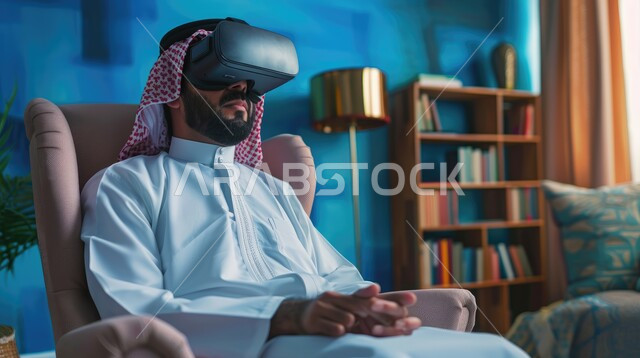 تعابير التركيز والاندماج، محاكاة العالم الخيالي، صورة مقربة لرجل عربي خليجي سعودي يرتدي الثوب التقليدي والشماغ يجلس على اريكة مريحة يقوم بمشاهدة الأفلام عبر نظارة الواقع الإفتراضي، الأجهزة والتقنيات الحديثة والمتطورة، لعب ألعاب الفيديو ثلاثية الأبعاد