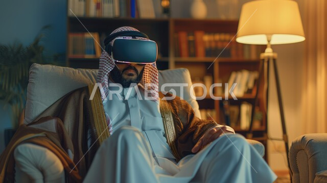 الأجهزة والتقنيات الحديثة والمتطورة، محاكاة العالم الخيالي، تعابير التركيز والاندماج، صورة مقربة لرجل عربي خليجي سعودي يرتدي الثوب التقليدي والشماغ يجلس على اريكة مريحة يقوم بمشاهدة الأفلام عبر نظارة الواقع الإفتراضي، لعب ألعاب الفيديو ثلاثية الأبعاد