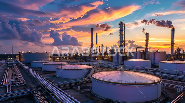 مفهوم هندسة البترول في دول الخليج, مستودعات وخزانات كبيرة وضخمة، الأبراج والهياكل المعدنية في وقت الغروب، مصفاة تكرير النفط والغاز, صناعات ومشاريع بتروكيماوية، مصانع ومعامل النفط في المملكة العربية السعودية