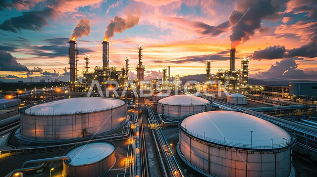 مستودعات وخزانات كبيرة وضخمة، الأبراج والهياكل المعدنية في وقت الغروب، مفهوم هندسة البترول في دول الخليج, مصفاة تكرير النفط والغاز, صناعات ومشاريع بتروكيماوية، مصانع ومعامل النفط في المملكة العربية السعودية