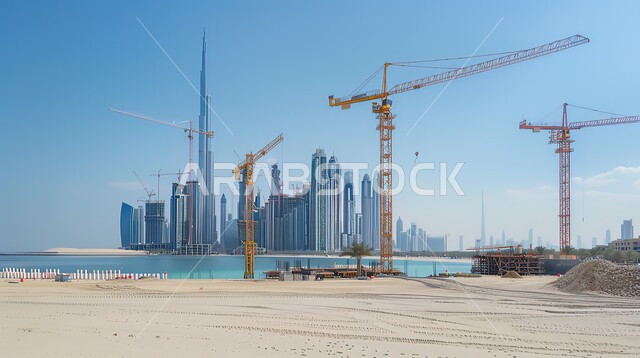 أعمال البناء وصب الخرسانات ووضع الأساسات, مفهوم الهندسة الانشائية والمعمارية, الآلات والمعدات الثقيلة والرافعات والسقالات العالية, مبنى قيد الانشاء في دبي بالامارات العربية المتحدة, تنفيذ مخطط الإعمار وتشكيل الهيكل المعدني