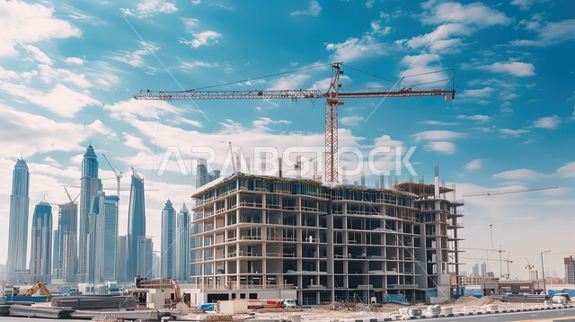 Concept of structural and architectural engineering, heavy machinery and equipment, cranes and high scaffolding, building under construction in Dubai, UAE, construction works, concrete pouring and foundation laying, implementation of construction plan and metal structure formation
