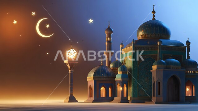 أماكن ومعالم دينية مقدسة على الطراز الإسلامي العصري الحديث، الفن الهندسي المعماري لبناء المساجد في المملكة العربية السعودية، مجسم ثلاثي الأبعاد لمسجد في وقت الليل، عمود الإنارة المضيء، أداء الصلوات والفرائض والتقرب إلى الله، خلفية السماء بالنجوم المتناثرة