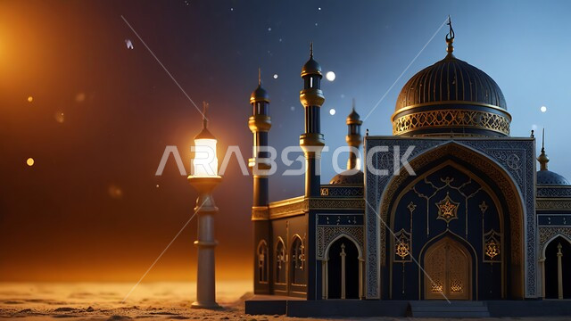 أماكن ومعالم دينية مقدسة على الطراز الإسلامي العصري الحديث، الفن الهندسي المعماري لبناء المساجد في المملكة العربية السعودية، مجسم ثلاثي الأبعاد لمسجد في وقت الليل، عمود الإنارة المضيء، أداء الصلوات والفرائض والتقرب إلى الله، خلفية السماء بالنجوم المتناثرة
