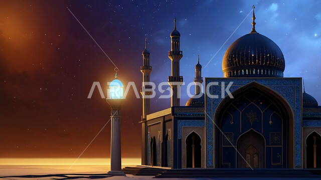 أماكن ومعالم دينية مقدسة على الطراز الإسلامي العصري الحديث، الفن الهندسي المعماري لبناء المساجد في المملكة العربية السعودية، مجسم ثلاثي الأبعاد لمسجد في وقت الليل، عمود الإنارة المضيء، أداء الصلوات والفرائض والتقرب إلى الله، خلفية السماء بالنجوم المتناثرة
