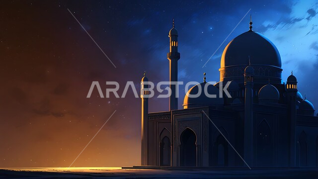الفن الهندسي المعماري لبناء المساجد في المملكة العربية السعودية، أماكن ومعالم دينية مقدسة على الطراز الإسلامي العصري الحديث، مجسم ثلاثي الأبعاد لمسجد في وقت الليل، عمود الإنارة المضيء، أداء الصلوات والفرائض والتقرب إلى الله، خلفية السماء بالنجوم المتناثرة