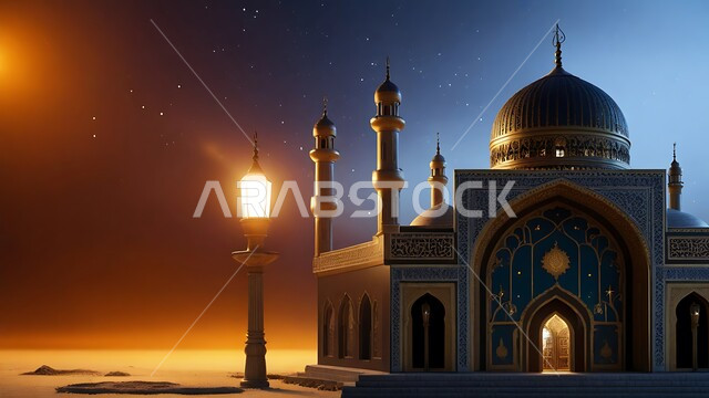الفن الهندسي المعماري لبناء المساجد في المملكة العربية السعودية، أماكن ومعالم دينية مقدسة على الطراز الإسلامي العصري الحديث، مجسم ثلاثي الأبعاد لمسجد في وقت الليل، عمود الإنارة المضيء، أداء الصلوات والفرائض والتقرب إلى الله، خلفية السماء بالنجوم المتناثرة