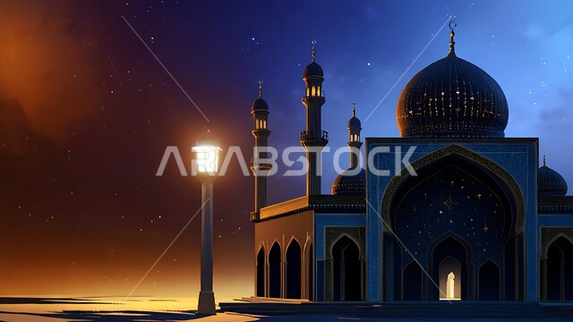 الفن الهندسي المعماري لبناء المساجد في المملكة العربية السعودية، أماكن ومعالم دينية مقدسة على الطراز الإسلامي العصري الحديث، مجسم ثلاثي الأبعاد لمسجد في وقت الليل، عمود الإنارة المضيء، أداء الصلوات والفرائض والتقرب إلى الله، خلفية السماء بالنجوم المتناثرة