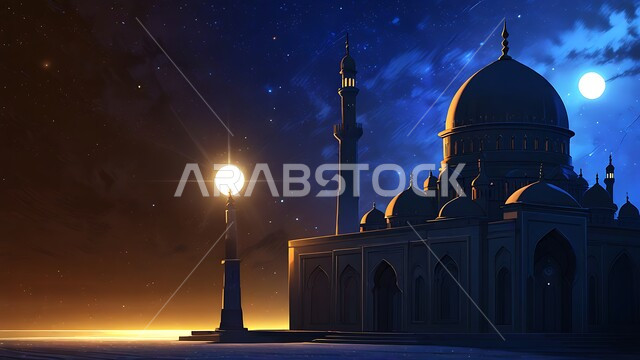 الفن الهندسي المعماري لبناء المساجد في المملكة العربية السعودية، أماكن ومعالم دينية مقدسة على الطراز الإسلامي العصري الحديث، مجسم ثلاثي الأبعاد لمسجد في وقت الليل، عمود الإنارة المضيء، أداء الصلوات والفرائض والتقرب إلى الله، خلفية السماء بالنجوم المتناثرة