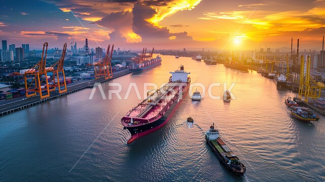 محطة شحن وتعبئة الحاويات والبضائع التجارية، ميناء لنقل البضائع في المملكة العربية السعودية، الصناعة والتجارة والاقتصاد البحري، مرفأ تجاري لتوصيل السلع والمنتجات المحلية عبر السفن في البحار، خطوط الأنابيب الصناعية لتكرير النفط