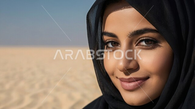 The concept of femininity and softness, interest in external appearance, a close-up image of a veiled Saudi Arabian Gulf woman wearing a black abaya looking at the camera with gestures of self-confidence, modern contemporary women's veils