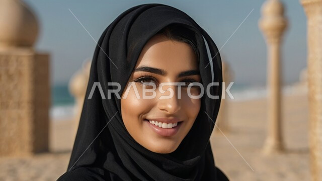 The concept of femininity and softness, interest in external appearance, a close-up image of a veiled Saudi Arabian Gulf woman wearing a black abaya looking at the camera with gestures of self-confidence, modern contemporary women's veils