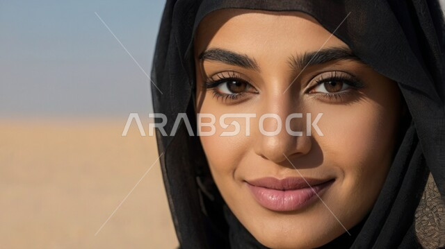 Concern about appearance, concept of femininity and softness, close-up of a veiled Saudi Arabian Gulf woman wearing a black abaya looking at the camera with gestures of self-confidence, modern contemporary women's hijabs