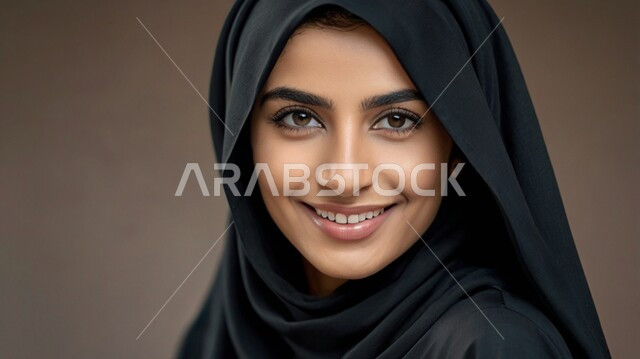 Looking at the camera with gestures of self-confidence, concern for outward appearance, concept of femininity and softness, close-up portrait of a veiled Saudi Arabian Gulf woman wearing a black abaya, modern contemporary women's veils, brown background