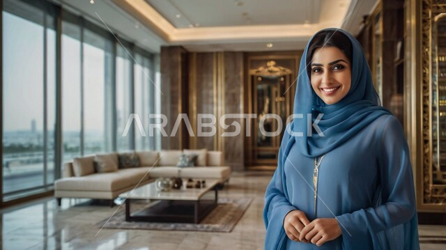 الاهتمام بالمظهر الخارجي، النظر إلى الكاميرا بإيماءات الثقة بالنفس، قضاء وقت في المنزل، مفهوم الأنوثة والنعومة، صورة مقربة لامرأة عربية خليجية سعودية محجبة ترتدي عباءة زرقاء، حجابات نسائية عصريه حديثه