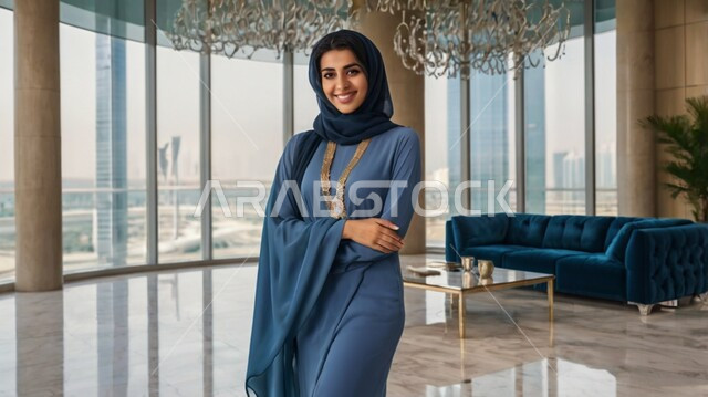 Spending time at home, looking at the camera with self-confident gestures, caring about one's appearance, the concept of femininity and softness, a veiled Saudi Arabian Gulf woman wearing a blue abaya, modern contemporary women's veils