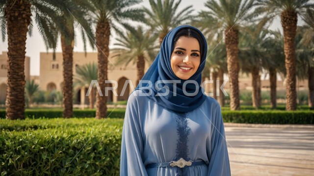 حجابات نسائية عصريه حديثه، قضاء وقت ممتع بالخارج، النظر إلى الكاميرا بإيماءات الثقة بالنفس، الاهتمام بالمظهر الخارجي، مفهوم الأنوثة والنعومة، صورة مقربة لامرأة عربية خليجية سعودية محجبة ترتدي عباءة زرقاء