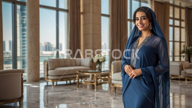 النظر إلى الكاميرا بإيماءات الثقة بالنفس، قضاء وقت في المنزل، الاهتمام بالمظهر الخارجي، مفهوم الأنوثة والنعومة، امرأة عربية خليجية سعودية محجبة ترتدي عباءة زرقاء، حجابات نسائية عصريه حديثه