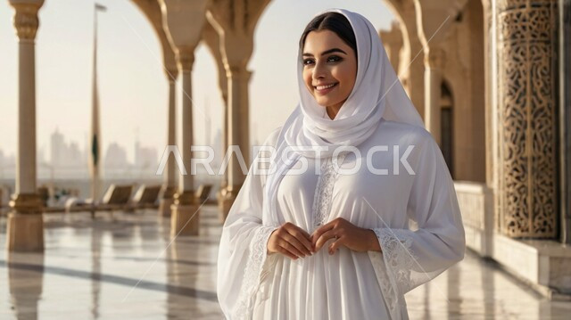 مفهوم الأنوثة والنعومة، حجابات نسائية عصريه حديثه، النظر إلى الكاميرا بإيماءات الثقة بالنفس، الاهتمام بالمظهر الخارجي، صورة مقربة لامرأة عربية خليجية سعودية محجبة ترتدي عباءة بيضاء