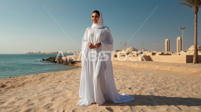 حجابات نسائية عصريه حديثه، النظر إلى الكاميرا بإيماءات الثقة بالنفس، الاهتمام بالمظهر الخارجي، مفهوم الأنوثة والنعومة، امرأة عربية خليجية سعودية محجبة ترتدي عباءة بيضاء