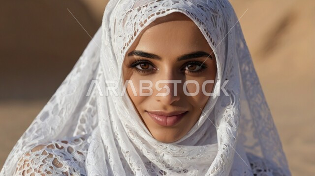 الاهتمام بالمظهر الخارجي، النظر إلى الكاميرا بإيماءات الثقة بالنفس، مفهوم الأنوثة والنعومة، صورة مقربة لامرأة عربية خليجية سعودية محجبة ترتدي عباءة بيضاء، حجابات نسائية عصريه حديثه