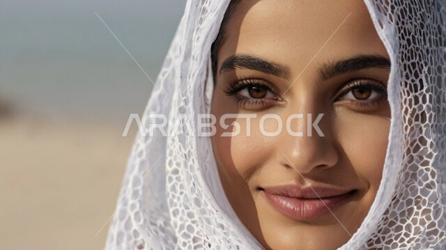 النظر إلى الكاميرا بإيماءات الثقة بالنفس، الاهتمام بالمظهر الخارجي، مفهوم الأنوثة والنعومة، صورة مقربة لامرأة عربية خليجية سعودية محجبة ترتدي عباءة بيضاء، حجابات نسائية عصريه حديثه
