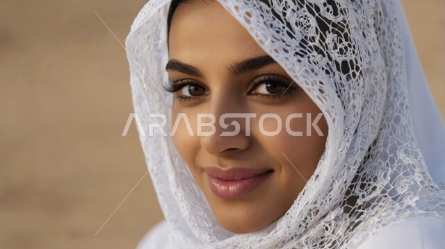 حجابات نسائية عصريه حديثه، النظر إلى الكاميرا بإيماءات الثقة بالنفس، الاهتمام بالمظهر الخارجي، مفهوم الأنوثة والنعومة، صورة مقربة لامرأة عربية خليجية سعودية محجبة ترتدي عباءة بيضاء